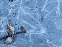 Zwei Kieselsteine in milchiger Eisschicht mit Strahlenmuster